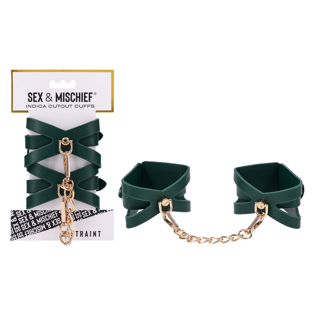 Sportsheets Sex & Mischief Indica Cutout Cuffs Restraints Green / Gold Sportsheets