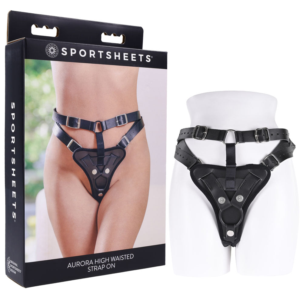 SPORTSHEETS Aurora High Waisted Strap On Adjustable Strap On Harness (No Probe Included) Black Sportsheets