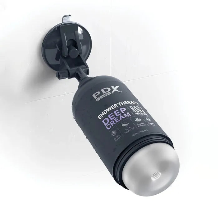 Pipedream PDX Plus Shower Therapy Deep Cream Frosted Discreet Stroker With Suction Base Clear Pipedream