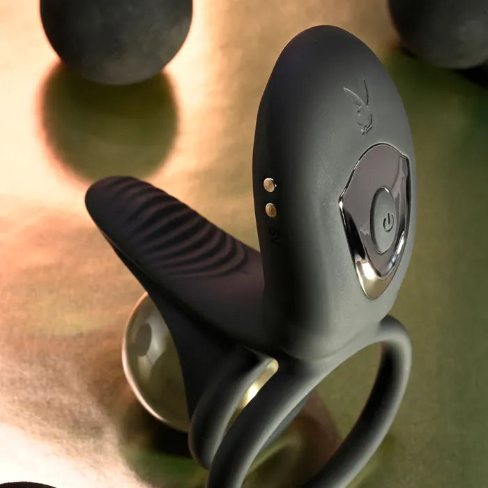 Playboy Pleasure JUST RIGHT USB Rechargeable Vibrating Cock & Balls Rings Black Playboy Pleasure