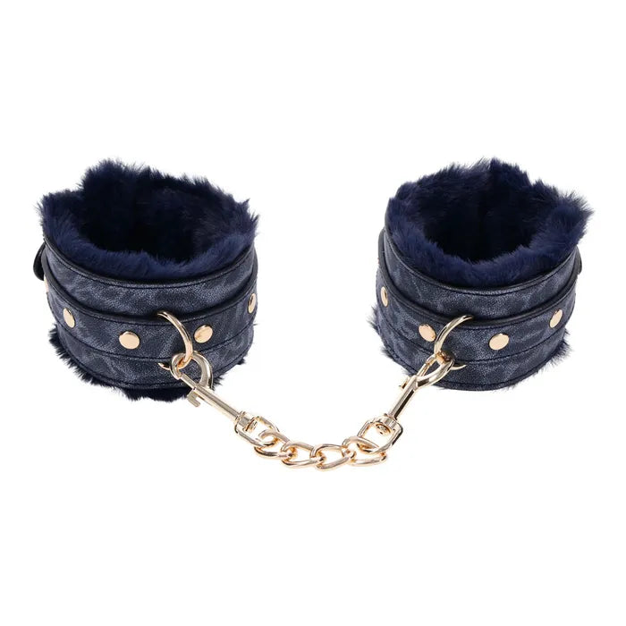 Sportsheets Sex & Mischief Cougar Fur Handcuffs Furry Restraints Navy Blue / Gold