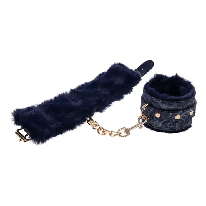 Sportsheets Sex & Mischief Cougar Fur Handcuffs Furry Restraints Navy Blue / Gold