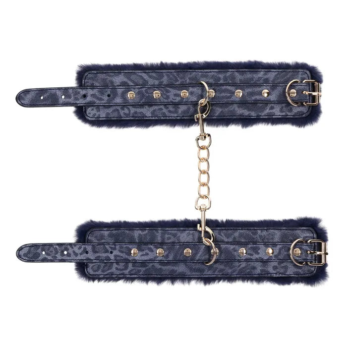 Sportsheets Sex & Mischief Cougar Fur Handcuffs Furry Restraints Navy Blue / Gold