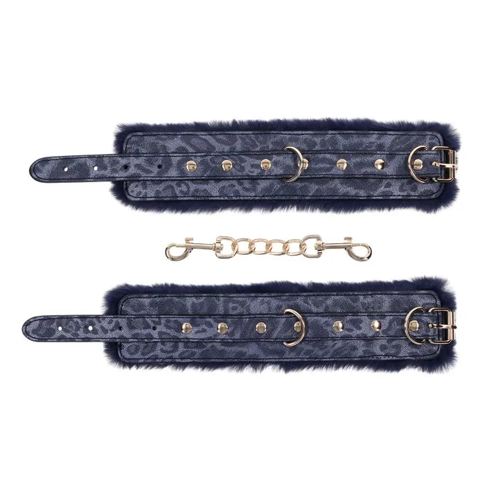Sportsheets Sex & Mischief Cougar Fur Handcuffs Furry Restraints Navy Blue / Gold