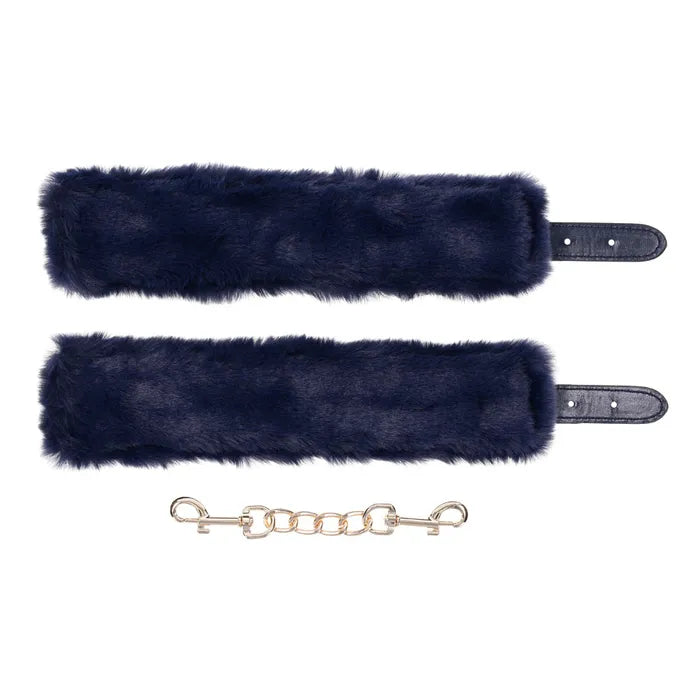Sportsheets Sex & Mischief Cougar Fur Handcuffs Furry Restraints Navy Blue / Gold