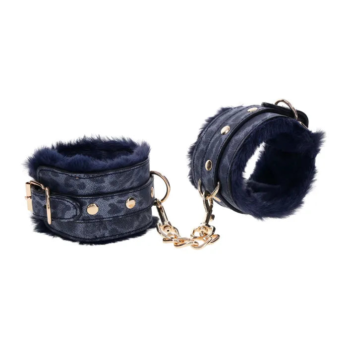 Sportsheets Sex & Mischief Cougar Fur Handcuffs Furry Restraints Navy Blue / Gold