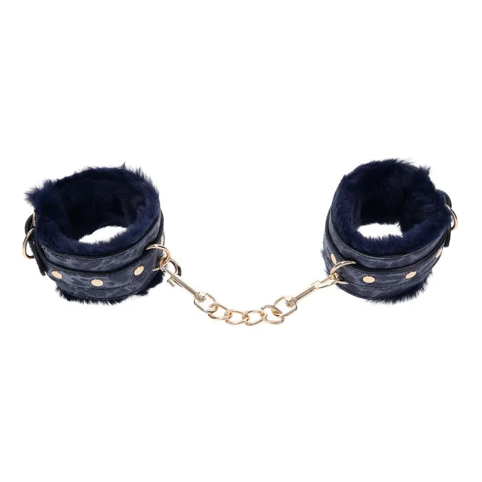 Sportsheets Sex & Mischief Cougar Fur Handcuffs Furry Restraints Navy Blue / Gold
