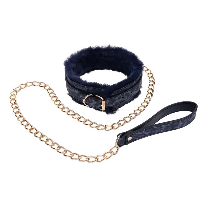 Sportsheets Sex & Mischief Cougar Fur Collar & Leash Furry Restraint Navy Blue / Gold