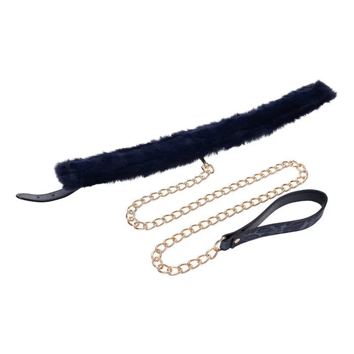 Sportsheets Sex & Mischief Cougar Fur Collar & Leash Furry Restraint Navy Blue / Gold