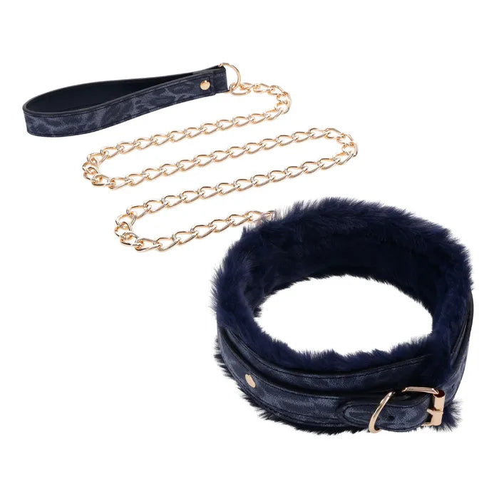 Sportsheets Sex & Mischief Cougar Fur Collar & Leash Furry Restraint Navy Blue / Gold