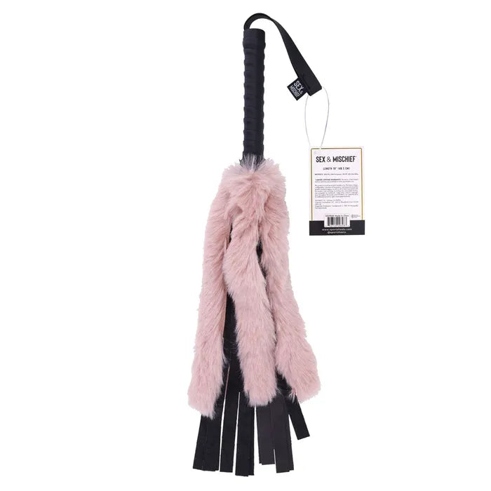 Sportsheets Sex & Mischief Brat Faux Fur Flogger Black Whip With Pink Faux Feather 50cm