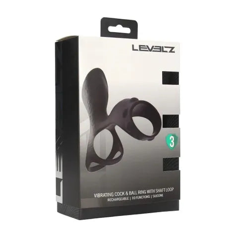 Shots Toys LEVELZ USB Rechargeable Vibrating Cock & Ball Ring With Shaft Loop Black Shots Toys
