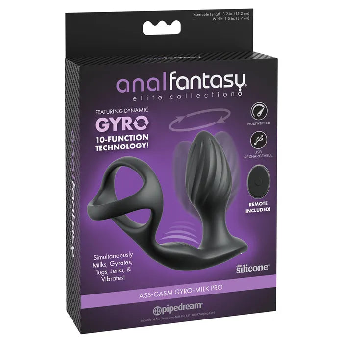Pipedream Anal Fantasy Elite Ass Gasm Gyro Milk Pro USB Rechargeable Gyrating Butt Plug With Cock Ring Black Pipedream