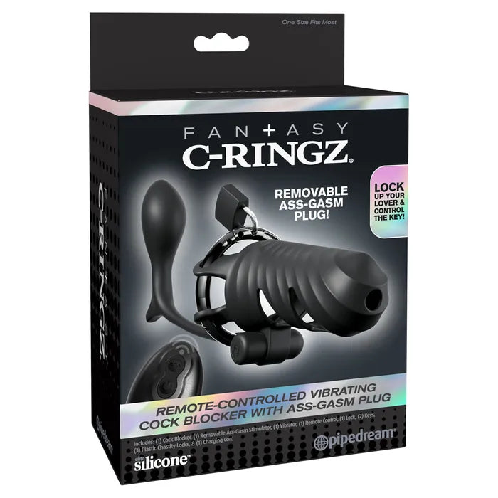 Pipedream Fantasy C Ringz Remote Controlled Vibrating Cock Blocker With Ass Gasm Plug Black Vibrating Cock Cage With Anal Plug Pipedream