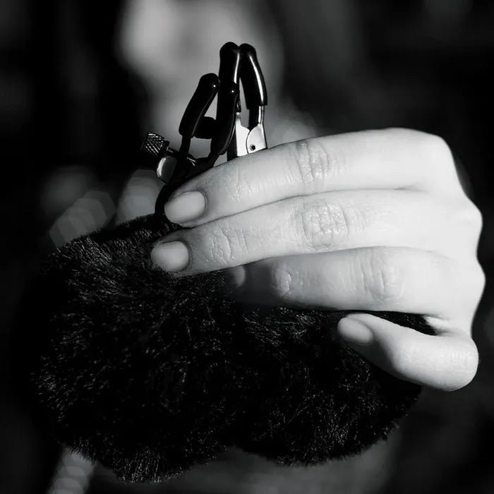 Blush Novelties Noir Pom Adjustable Furry Nipple Clamps Blush Novelties