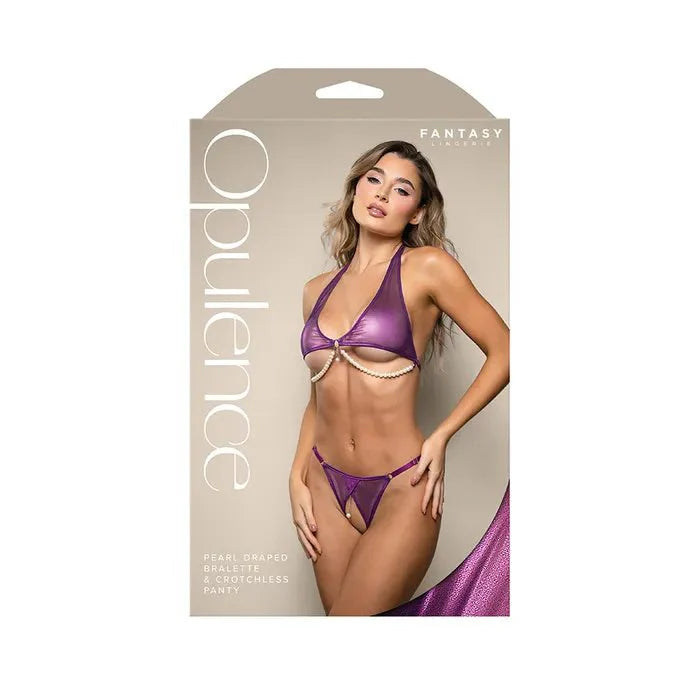 Fantasy Lingerie OPULENCE Pearl Draped Bralette & Crotchless Panty Purple - LOVVA